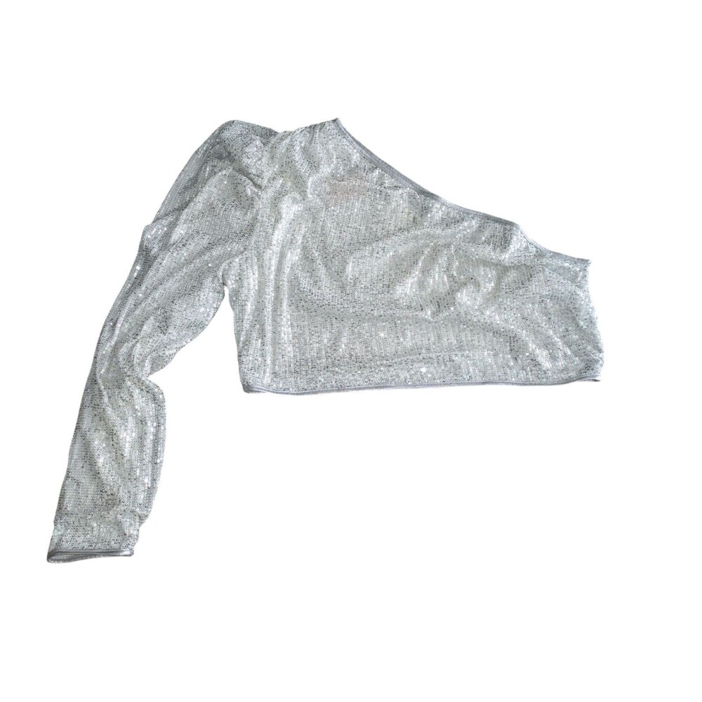 Prettylittlething Shirt 18 Women's Silver Sequin One Long Sleeve Crop Top Club